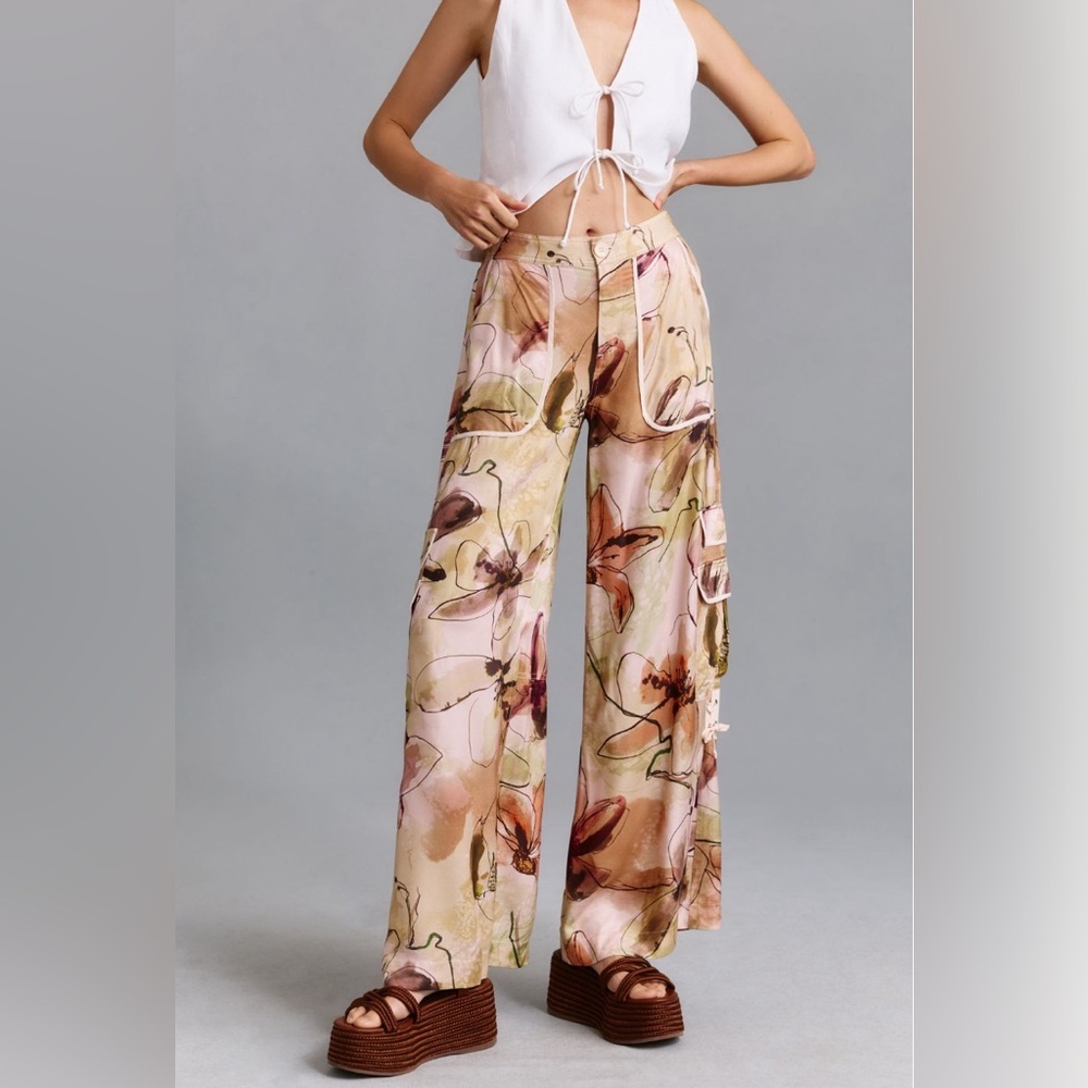 Anthropologie Floral Wide-Leg Silk-Feel Pants in Blush Multi